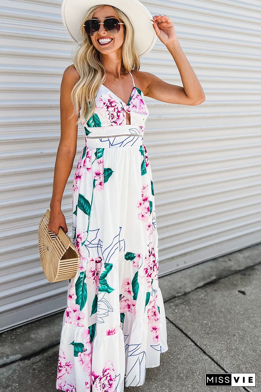 White Floral Twist Cutout Adjustable Straps Maxi Dress