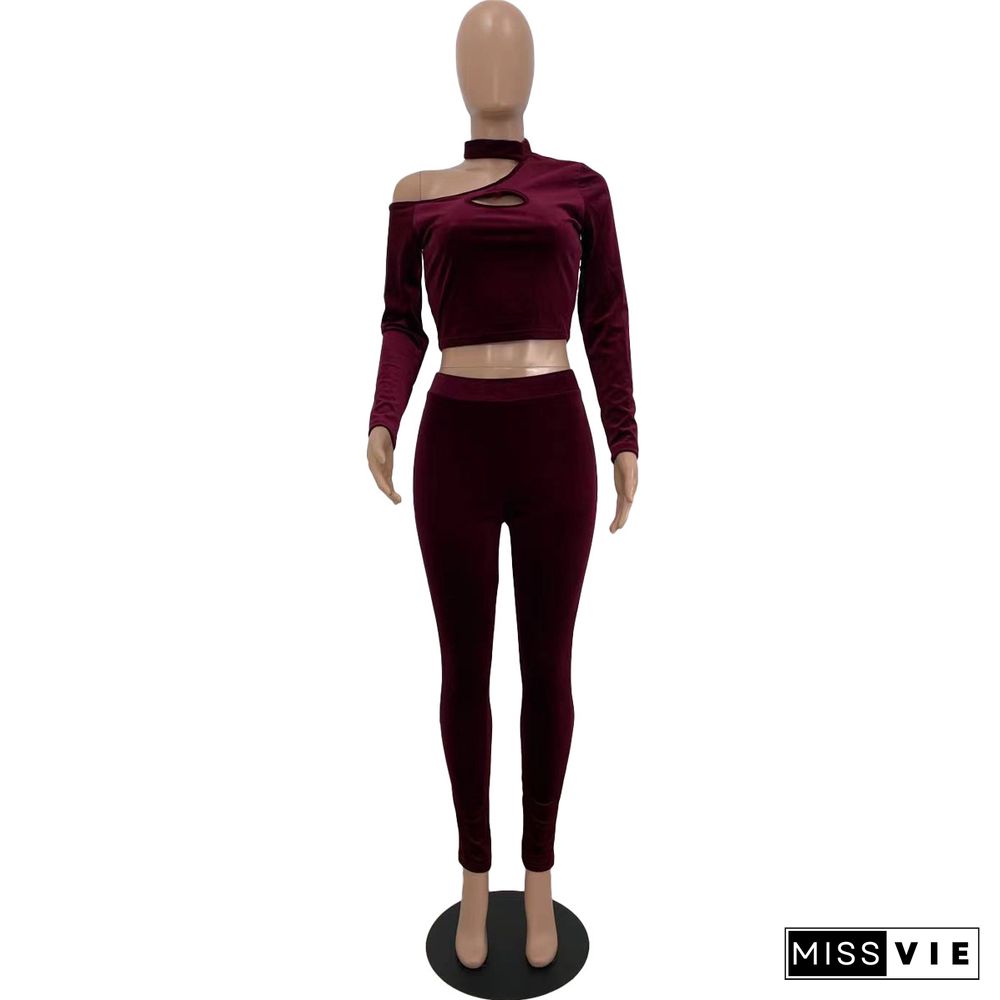 Velvet Hollow Out Crop Top Pencil Pants Set