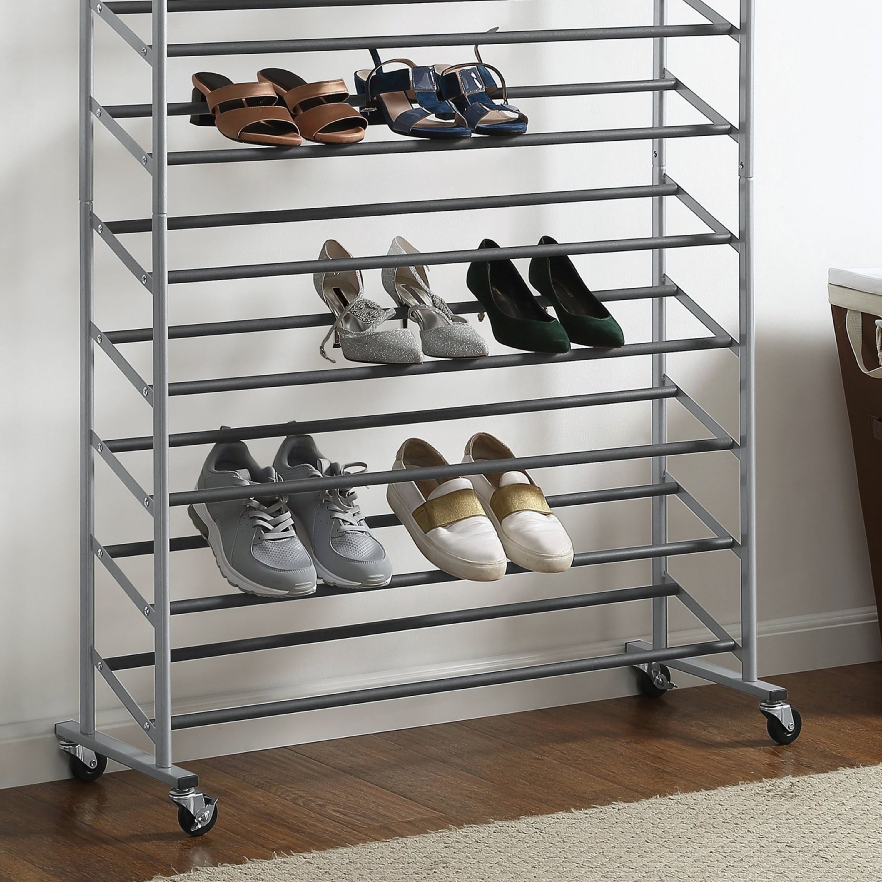 Mainstays 10-Tier Rolling Shoe Rack, Silver Finish, up to 30 Pair of Shoes