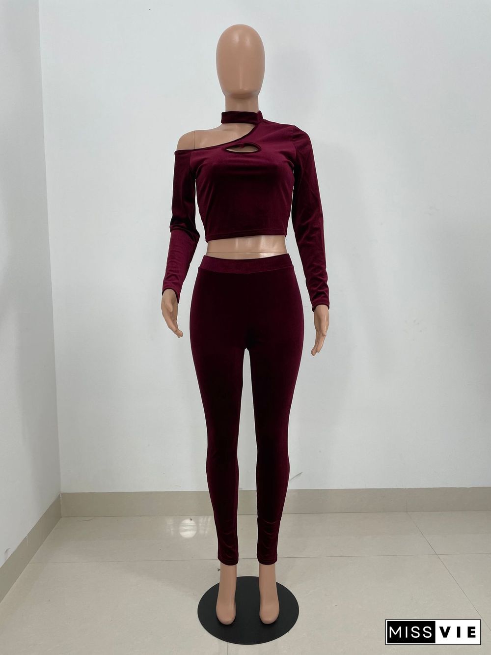 Velvet Hollow Out Crop Top Pencil Pants Set