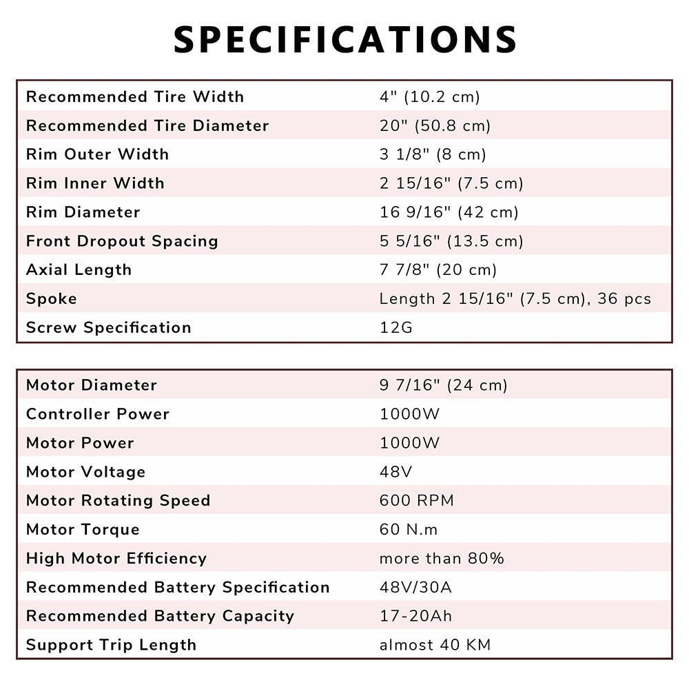 20 Inch 48v 1000w E-Bike Hub Motor Fat Tire Conversion Kit Front