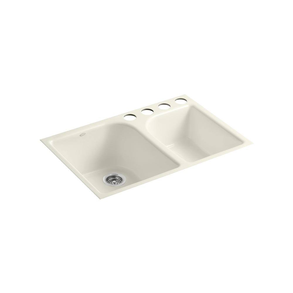 KOHLER Executive Chef Undermount Cast-Iron 33 in. 4-Hole Double Bowl Kitchen Sink in Biscuit K-5931-4U-96