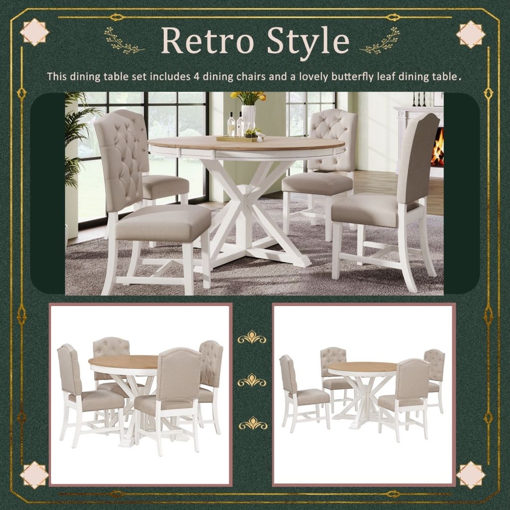 Retro Style Dining Table Set with Extendable Table and 4 Upholstered Chairs