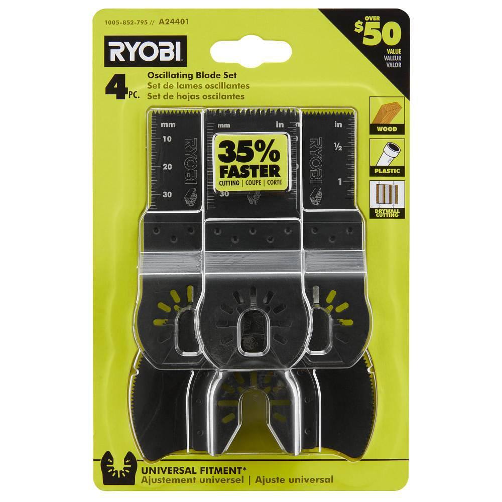 RYOBI ONE+ HP 18V Brushless Cordless Multi-Tool (Tool Only) with 4-Piece Wood Oscillating Multi-Tool Blade Set PBLMT50B-A24401