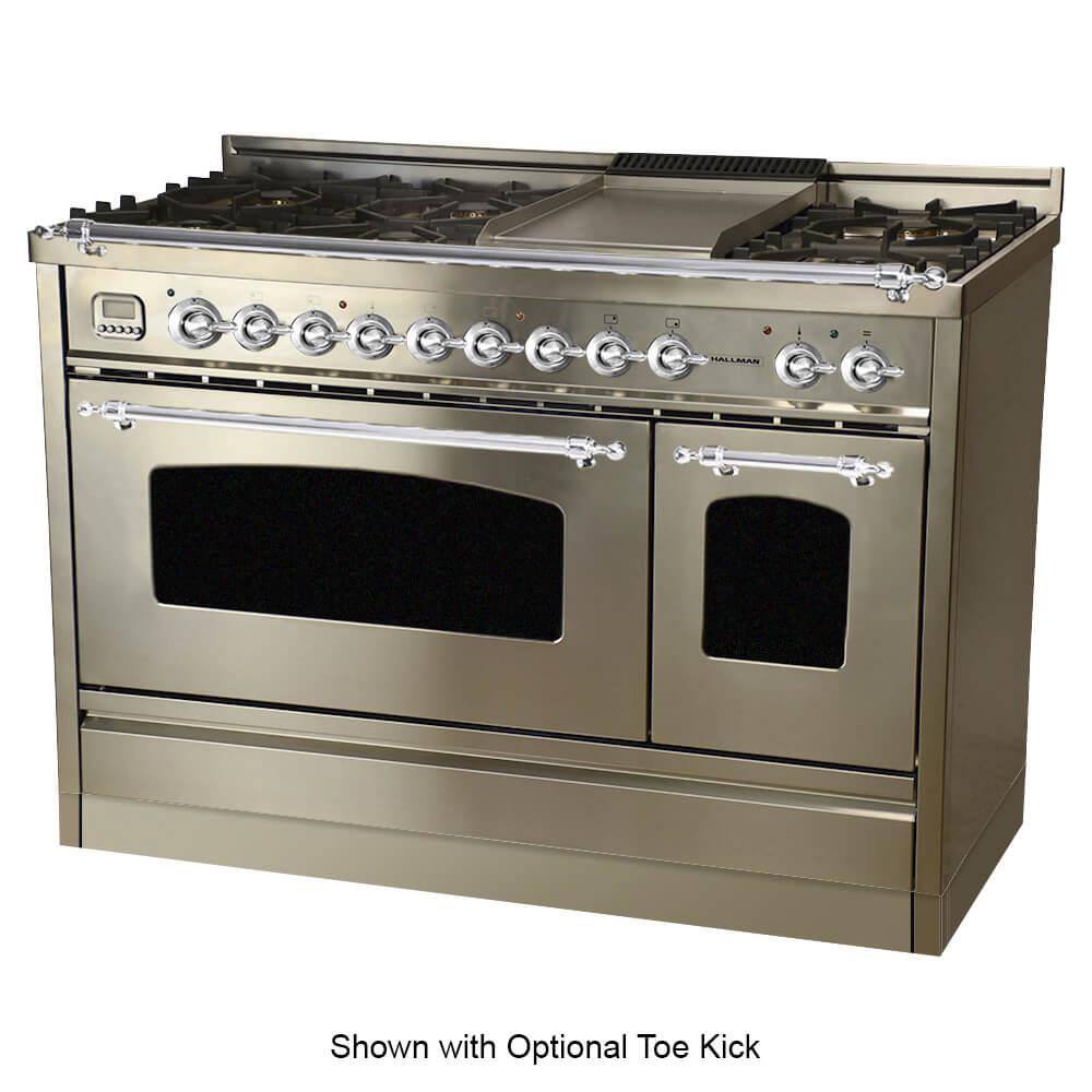 Hallman 48 in 5.0 cu.ft. Double Oven Dual Fuel Italian Range wTrue Convection 7 Burners Griddle Chrome TrimStainless Steel HDFR48CMSS