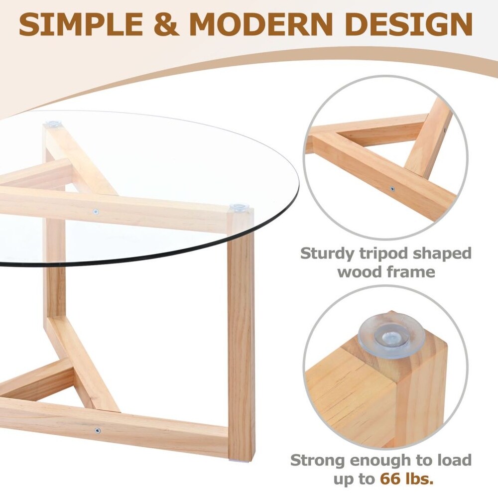 Round Glass Coffee Table with Tempered Glass Top and Sturdy Wood Base