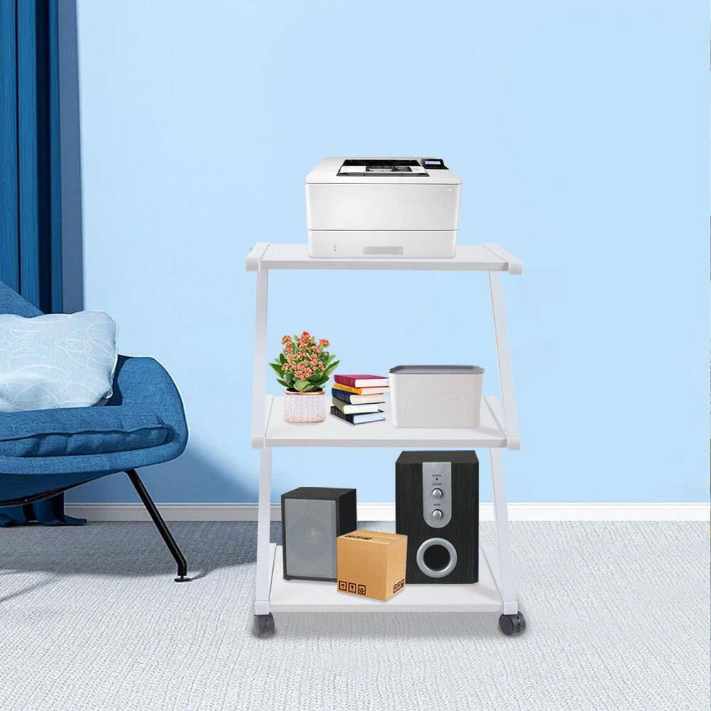 YIYIBYUS 3-Tier Metal Frame Wood 4-Wheeled Mobile Printer Stand Cart in White CS-FKH6963-360