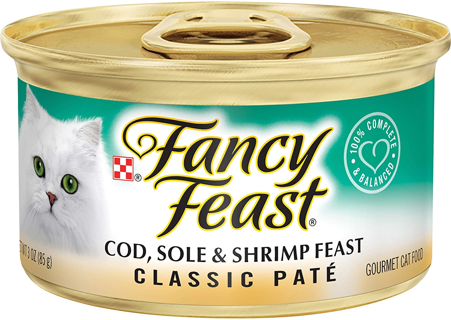 Purina Fancy Feast Grain Free Pate Wet Cat Food， Classic Pate Cod， Sole and Shrimp Feast - (24) 3 oz. Cans