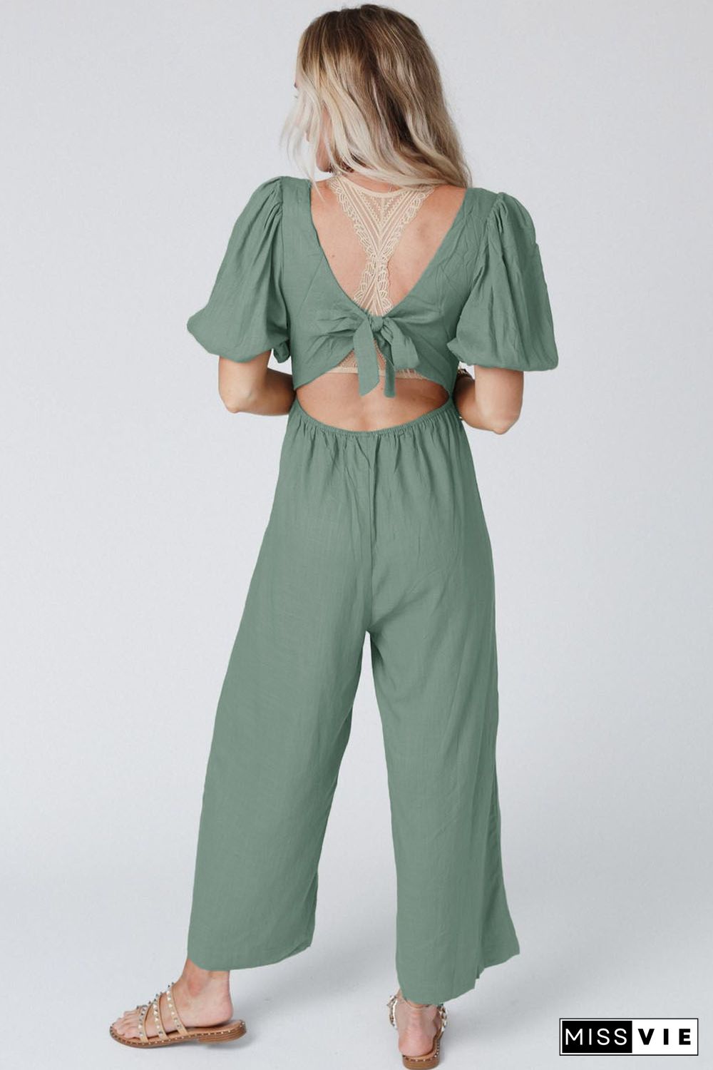 Green V Neck Puff Sleeve Hollow out Wide Leg Jumpsuit