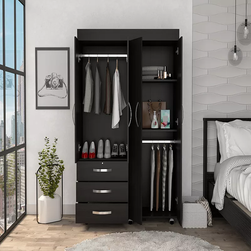 DEPOT E-SHOP Hamilton Mobile Armoire， Double Door Cabinet， Three Drawers， Rods， Two Shelves， Black