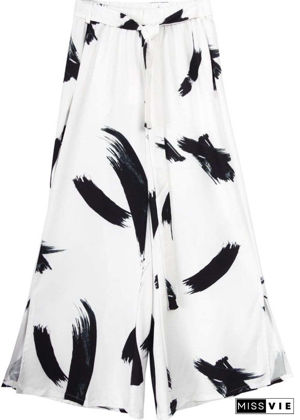 White Print Loose High Waist Tie Waist Summer Wide Leg Pants