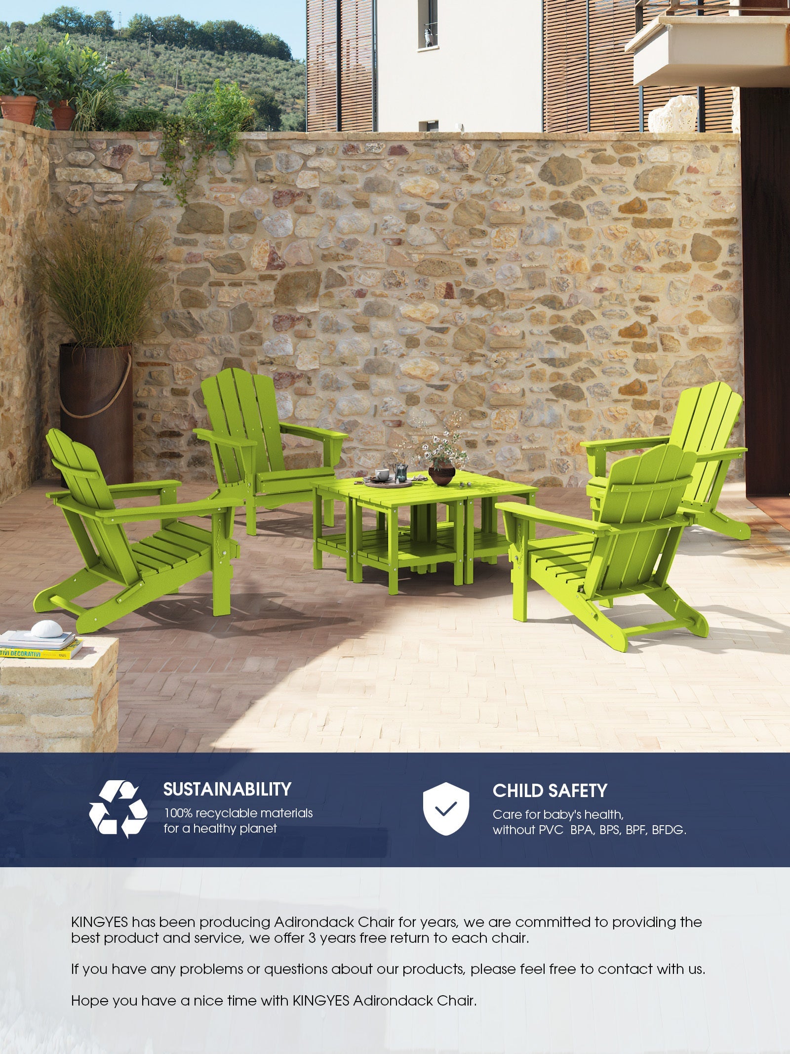 Outdoor Patio Folding Plastic Adirondack Chair for Garden, Apple Green