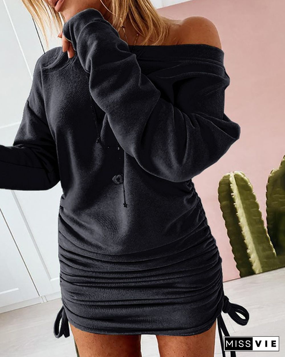 Women Fashion Sexy Off Shoulder Ruched Drawstring Bodycon Mini Dress Casual Solid Color Long Sleeve Pullover Sweatshirt Autumn Winter Ladies Cotton Long Tops Blouses Plus Size S-5XL