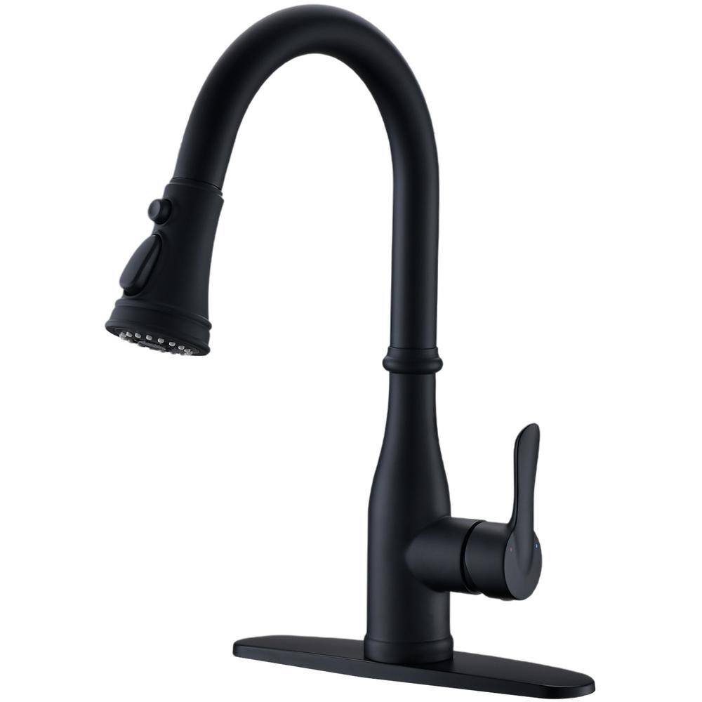 BWE Single-Handle Pull-Down Sprayer 3 Spray High Arc Kitchen Faucet With Deck Plate in Matte Black A-94002-Black