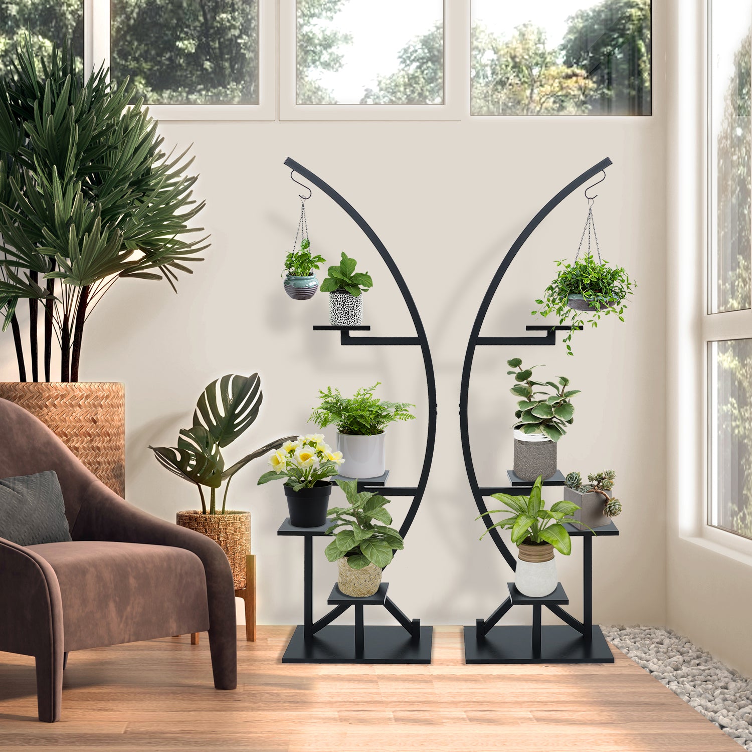 ELECWISH Plant Stand Indoor Plant Shelf Stand Half Moon Plant Stands Multi-Purpose Curved Metal Display Rack for Living Room, Garden, Patio(Black 2 Pack)