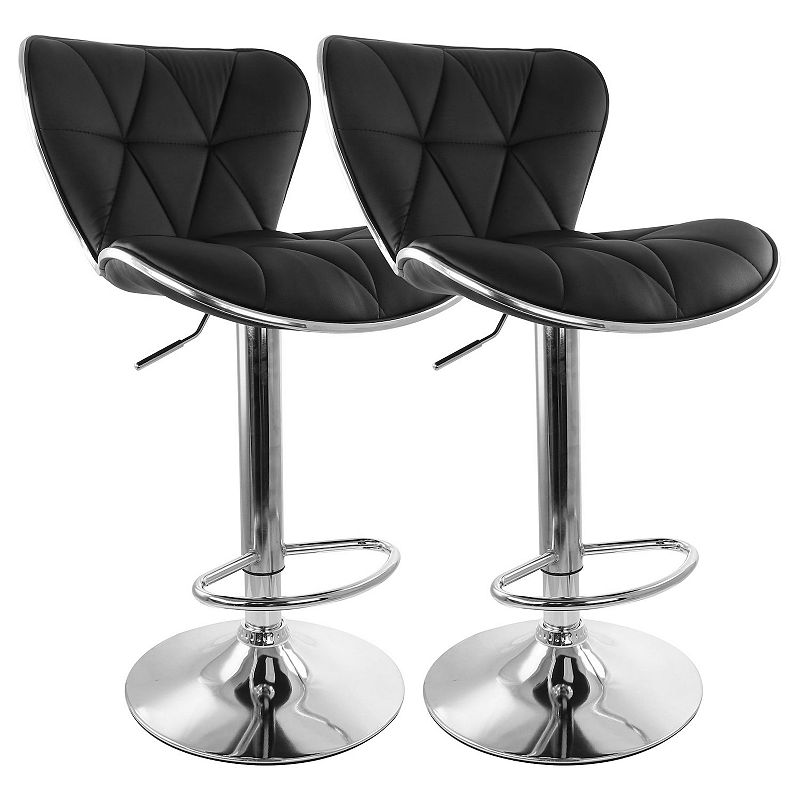 Elama 2 Piece Diamond Tufted Faux Leather Adjustable Bar Stool in Brown with Chrome Trim and Base