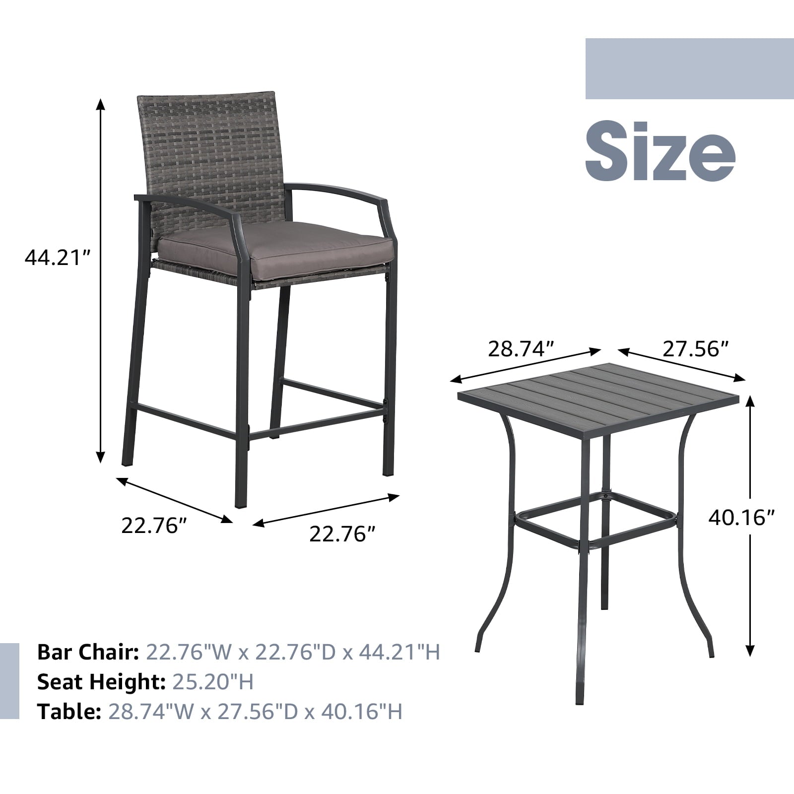 OC Orange-Casual Patio Bar Set， All-Weather Wicker， 2 Height Rattan Bar Stools with Wood Grain Top Coffee Table， for Porch， Garden， Bistro， Grey Cushion， 3-Piece