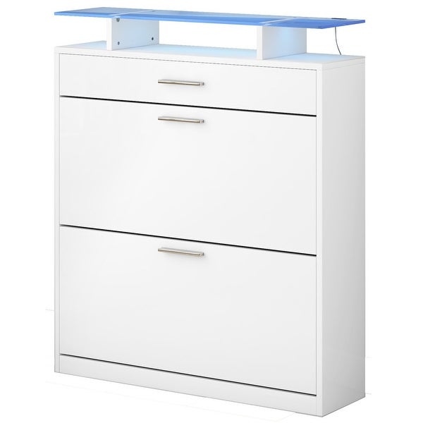 Glass Top Shoes Storage Cabinets with 2 Flip Drawers - - 37770046