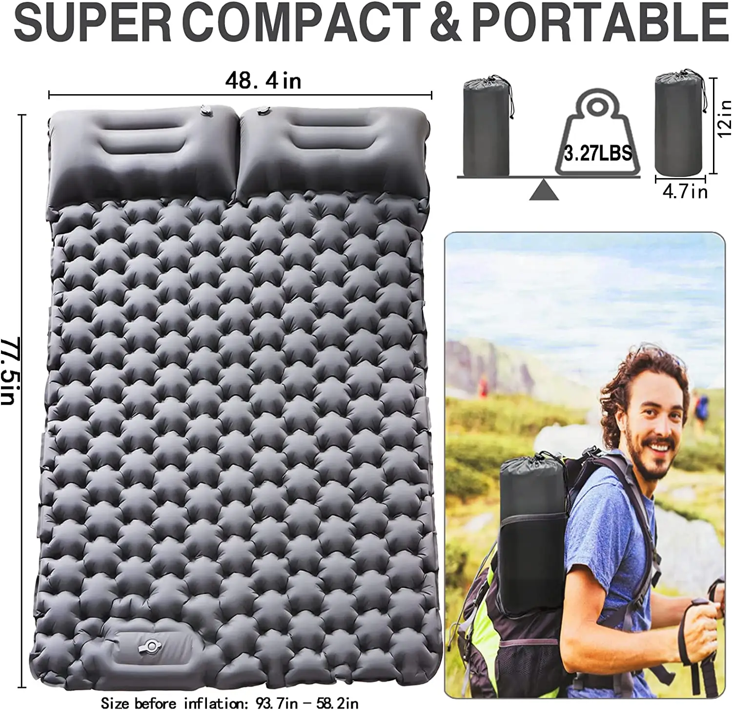 Double Sleeping Pad for Camping Upgraded Inflatable Camping Pad 2 Person with Pillow Camping Sleeping Mat for Backpacking Hiking