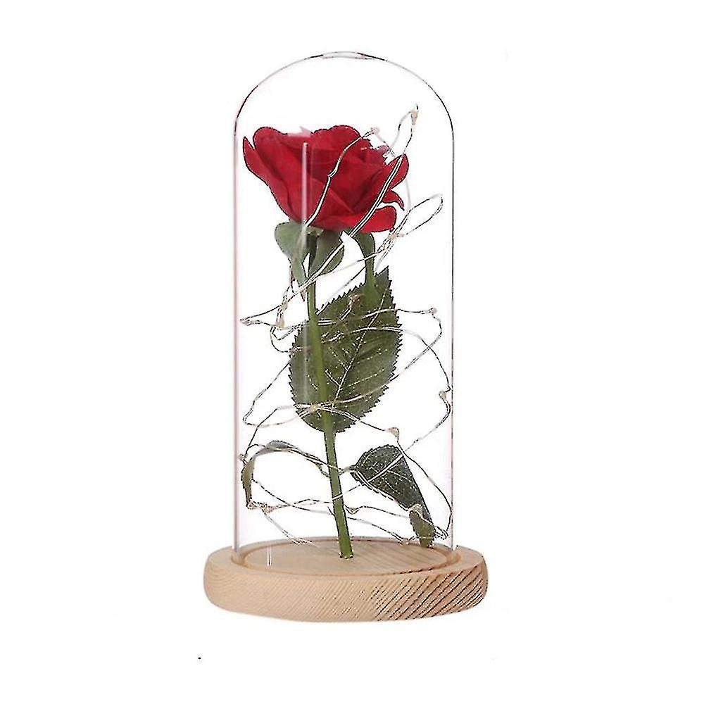 Rose Vase Beauty Table Lamp Red Rose With Led Light Glass Dome Valentine's Day Gift Beige Base