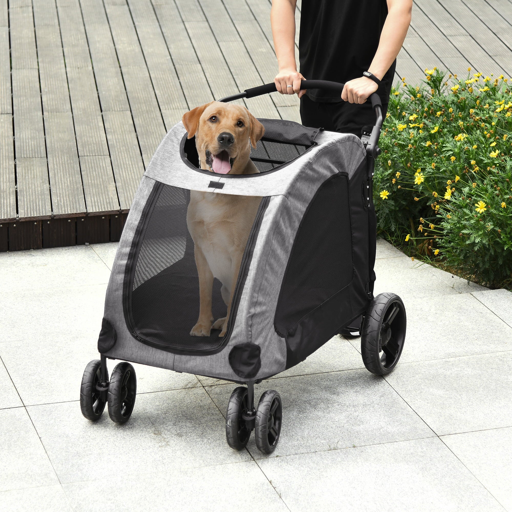 PawHut Foldable Dog Stroller with Storage Pocket， Oxford Fabric for Medium or Large Size Dogs， Grey