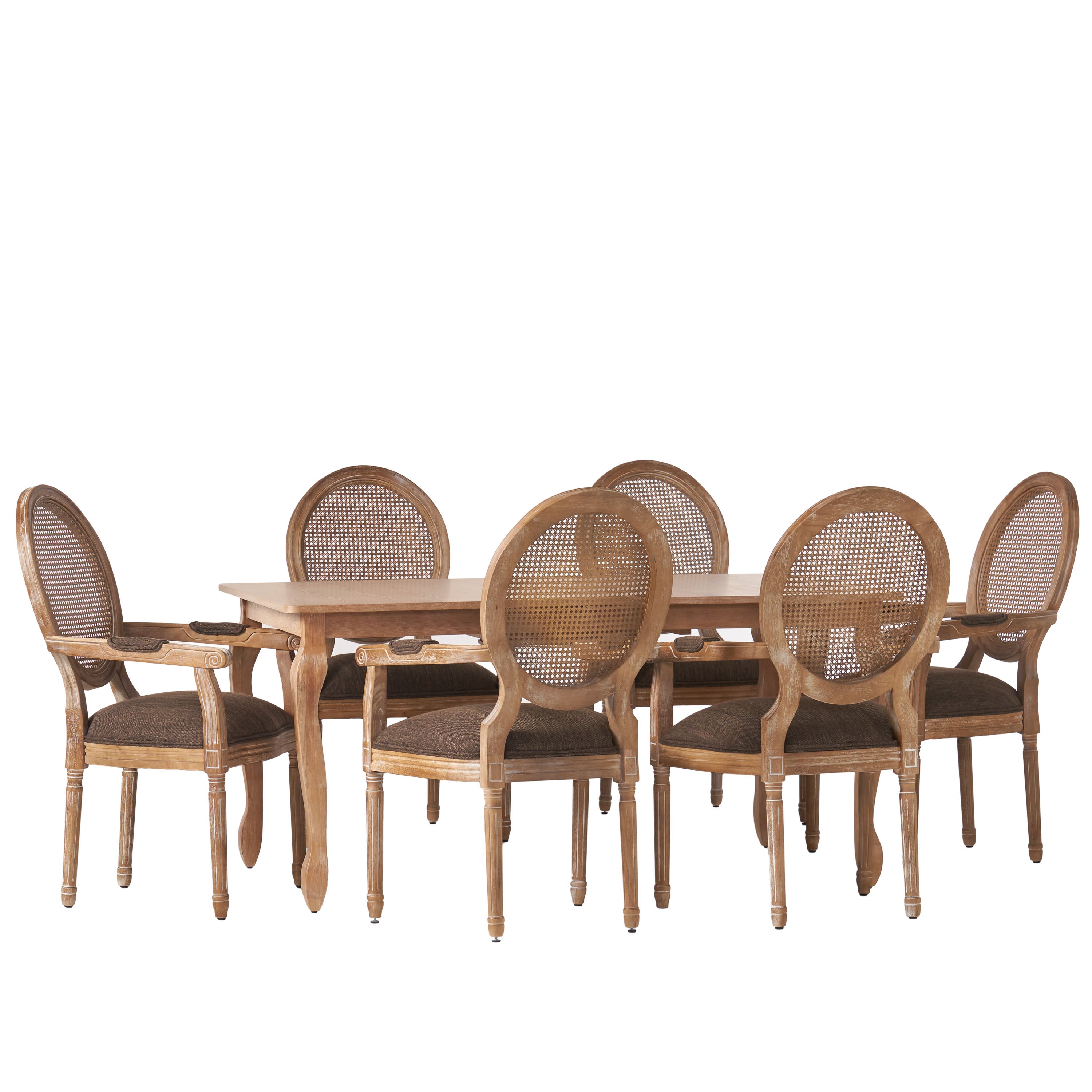 Comisky French Country Fabric Upholstered Wood and Cane Expandable 7 Piece Dining Set