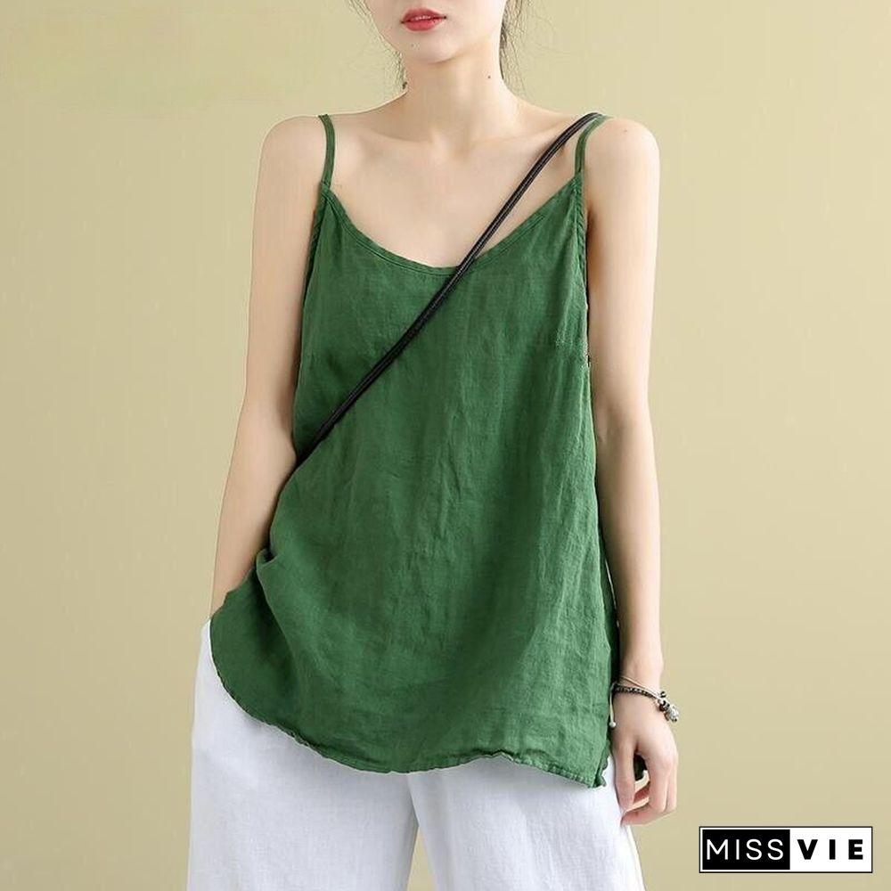 Women'S Summer Top Cotton Linen Spaghetti Strap Top Women Halter V Neck Basic Yellow Sleeveless Tank Tops Loose Casual Camis