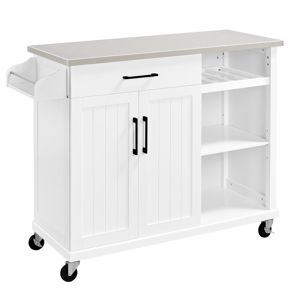 Topeakmart Kitchen Cart with Stainless Steel Top and Storage Kitchen Island on Wheels with Drawer and Cabinet and Open Shelves