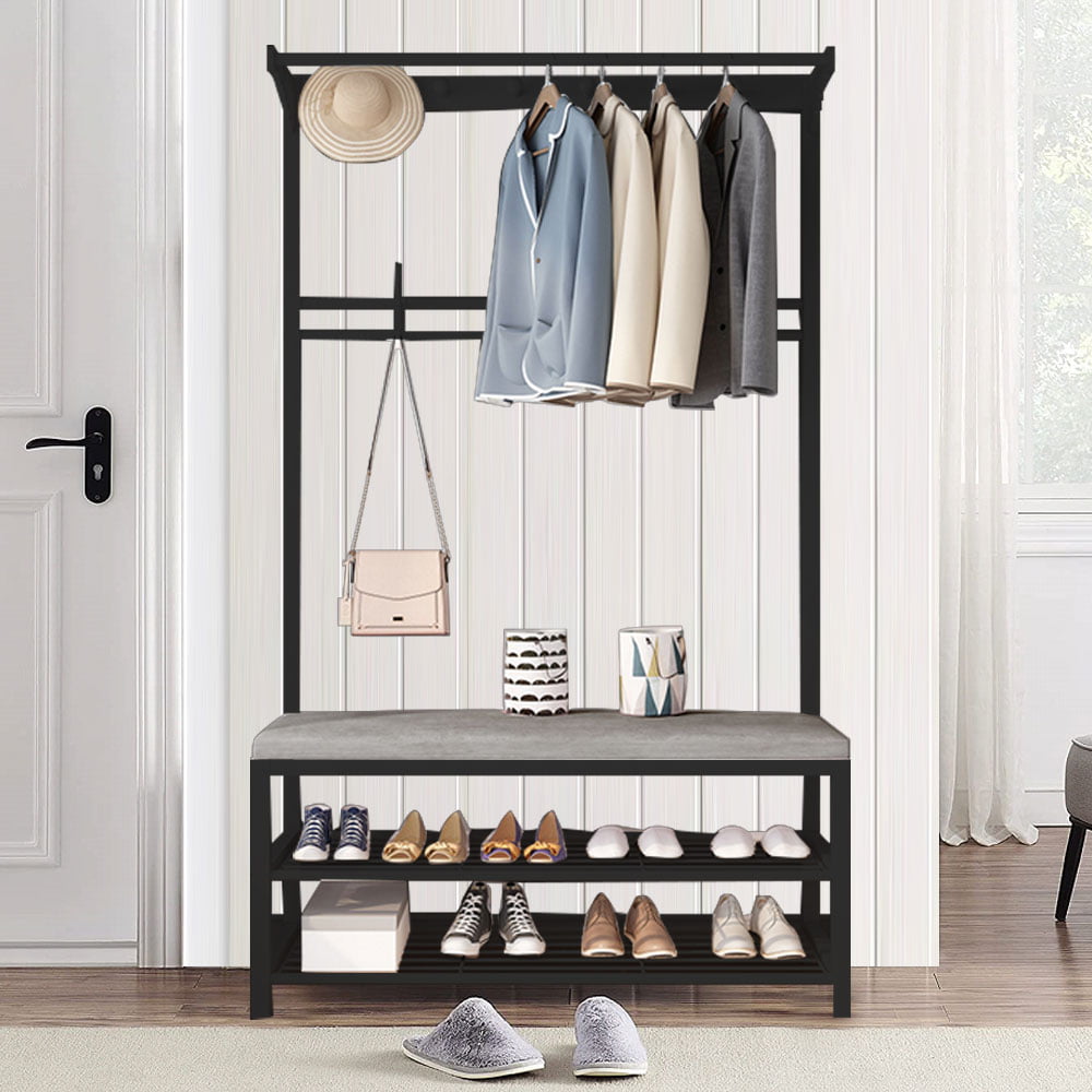 3-in-1 Entryway Bench with Coat Rack with Shoe Rack， Shoe Cubbies Wide Hall Tree with Coat Hooks， Black