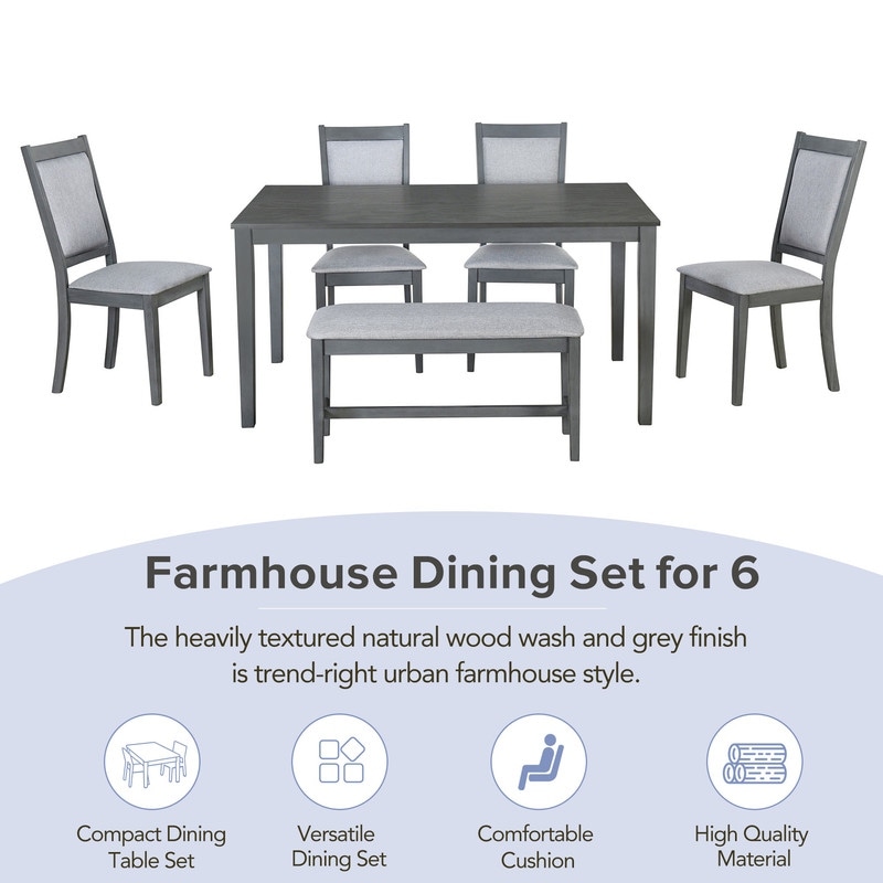 Rustic Solid Wood Dining Table Set Kitchen Table Set with Rectangular Table  4 Upholstered Chairs and Bench