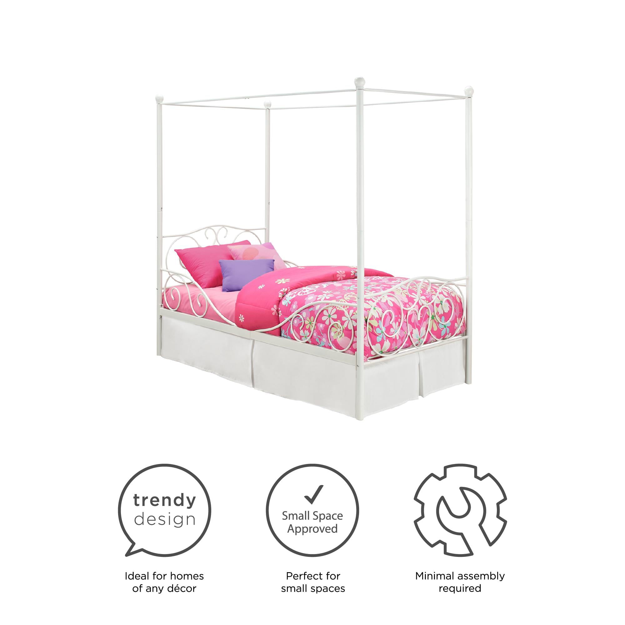 Elm & Oak Metal Canopy Kids Poster Bed, Twin, White