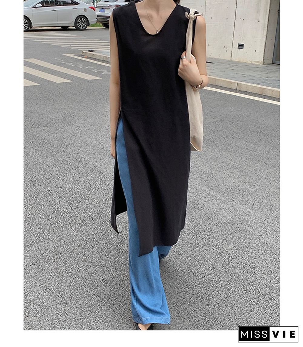 Simple Sleeveless Linen Long Shirt