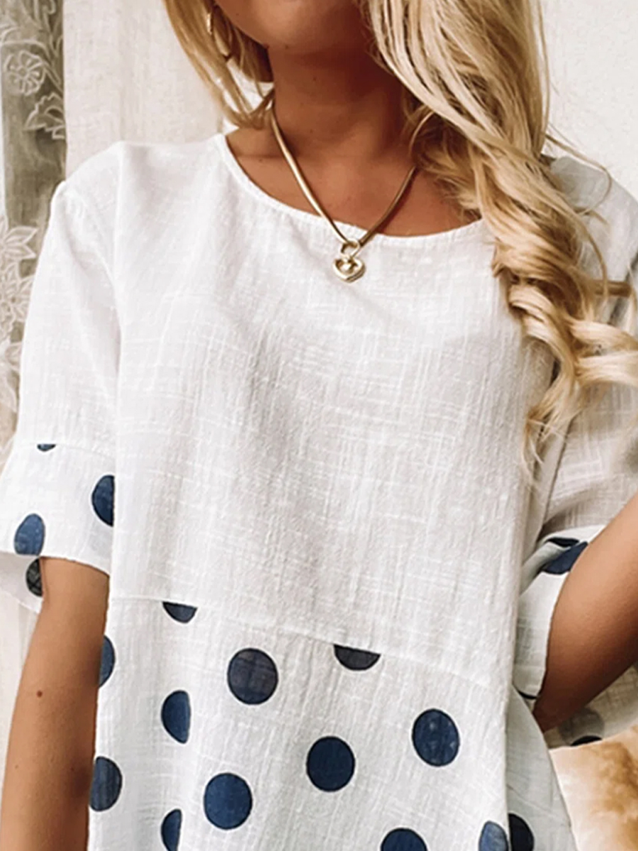 Vintage Polka Dot Print Crew Neck Short Sleeves Blouse