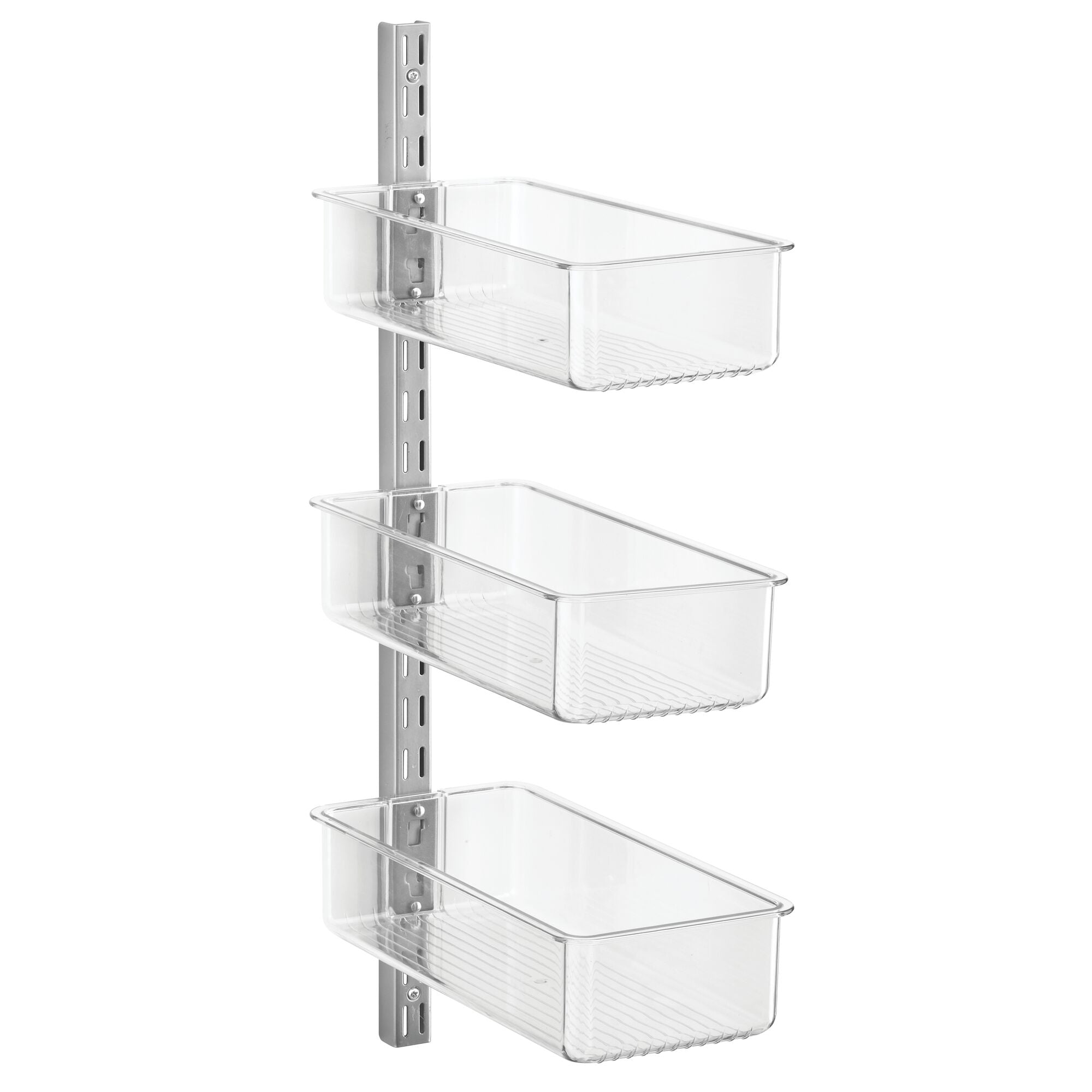 mDesign Plastic Wall Mount Bins with Metal Hanging Bar - Repositionable Bins - For Closet Storage and Organization - Holds Belts, Leggings, Shoes, Purses, Scarfs - Bins 3" high - 3 Bins + Rail - Clear