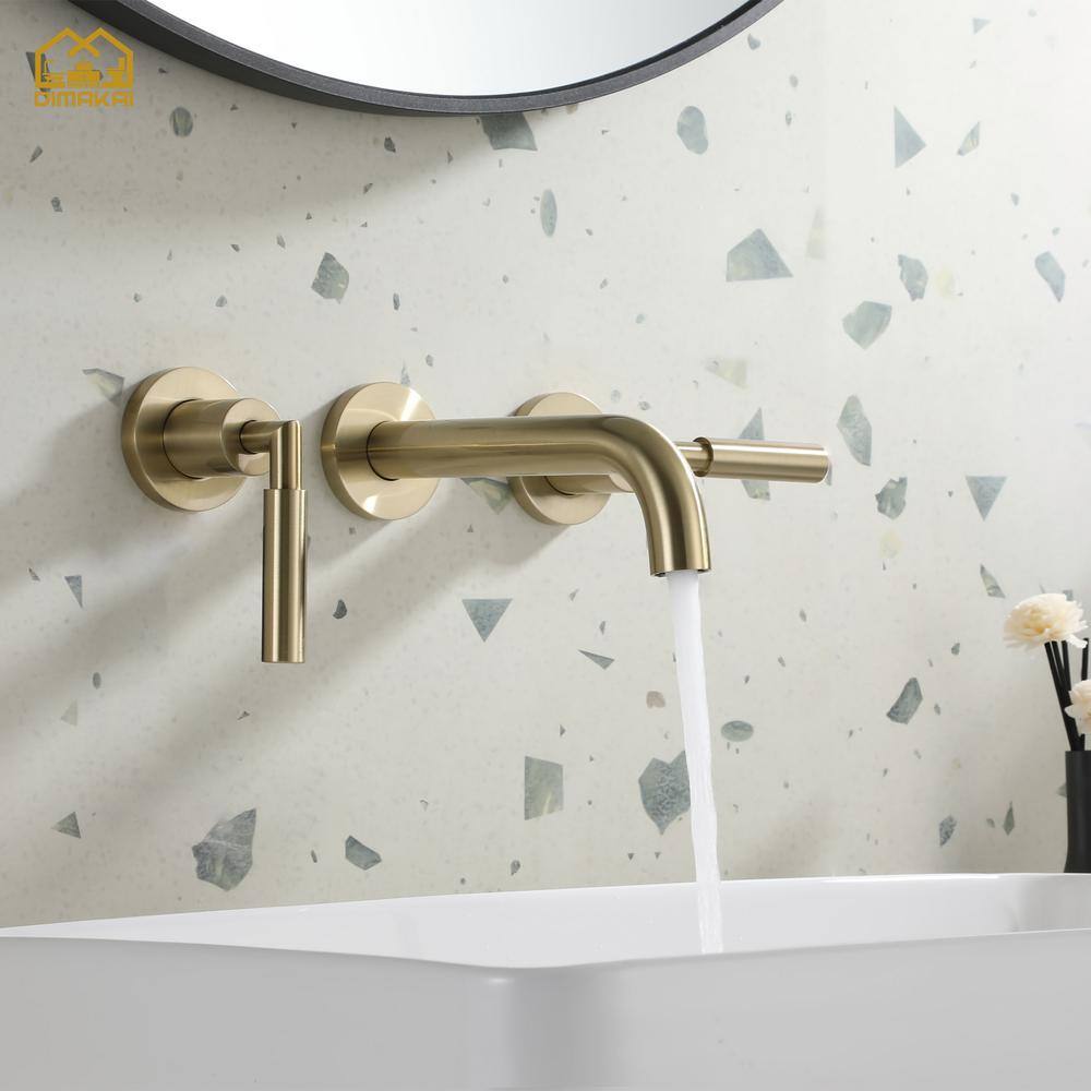 Hlihome 3-Hole Two-Handles Brass Wall-Mount Bathroom Faucet in Brushed Gold DK-9001-BG