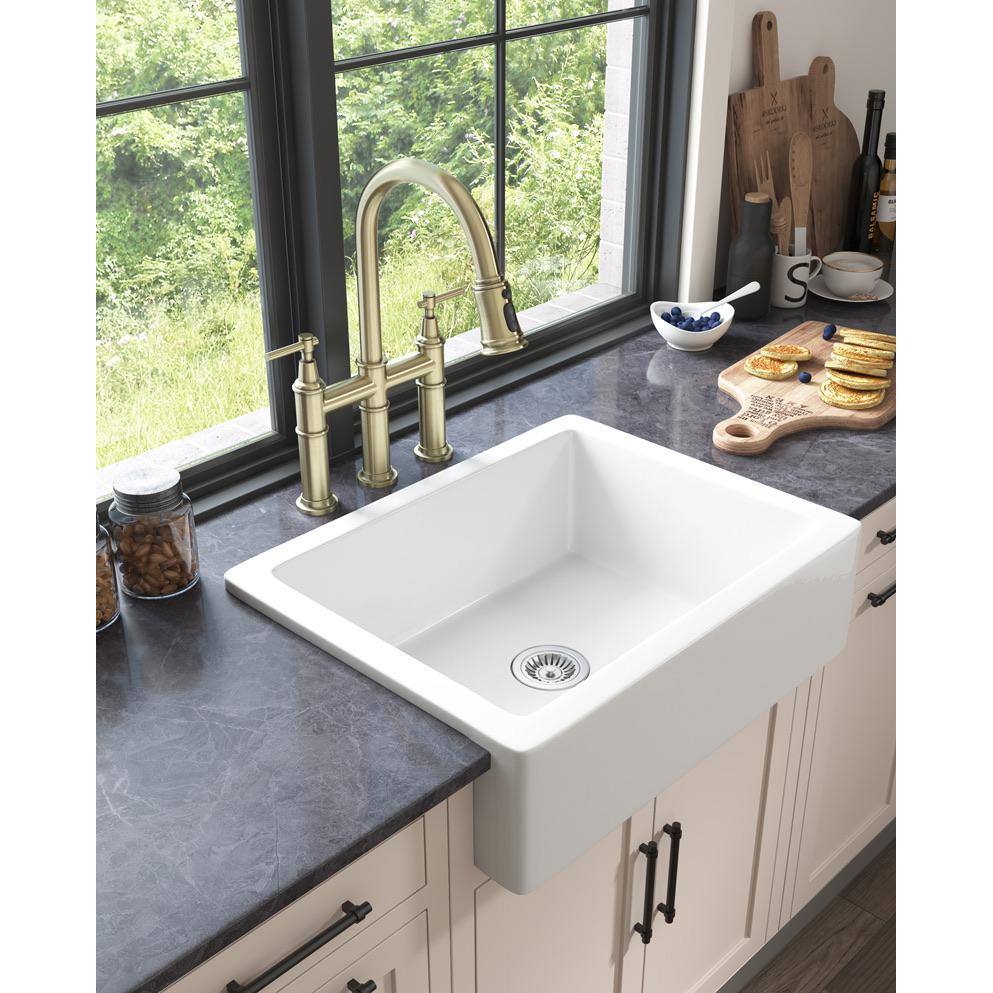 EAKYHOM Farmhouse Apron Front Fireclay 24 in. Single Bowl Kitchen Sink in White ECKSDL2419-DT