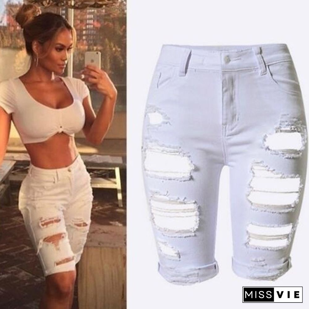 Women Casual Street Style Half Blue Denim Shorts Stretch Pants Slim Boyfriend Ripped Hole Jeans