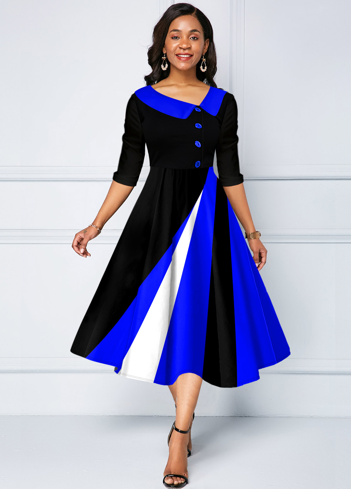 Contrast Geometric Print Decorative Button Dress