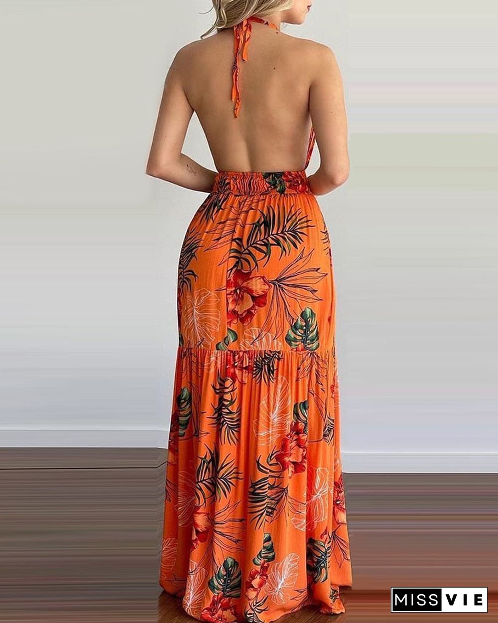 Women Summer Spring Tropical Print Halter Backless Maxi Dress Vacation Sleeveless Sexy Boho Beach Dress Casual Floral