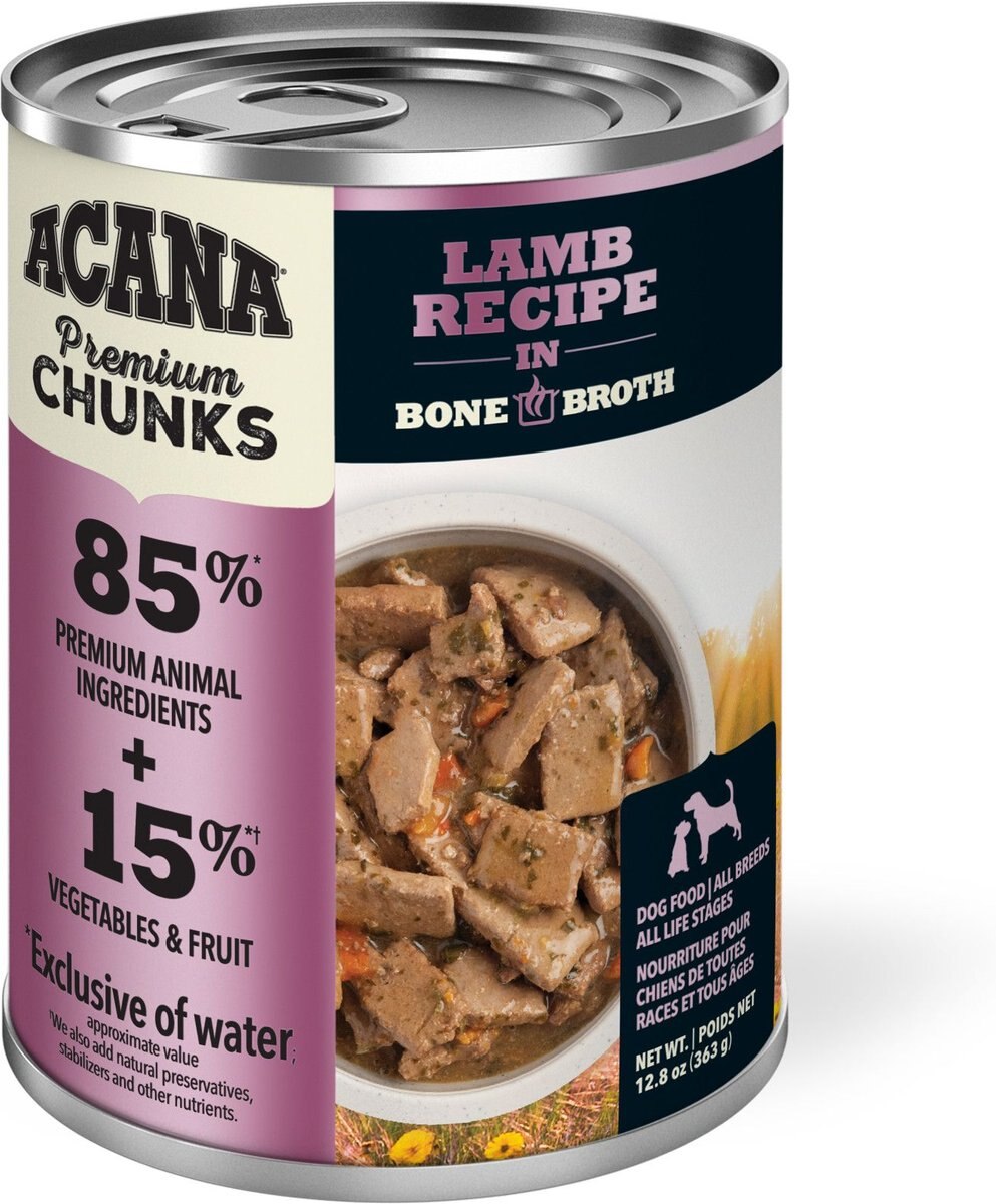 ACANA Premium Chunks Lamb Recipe in Bone Broth Grain-Free Wet Dog Food， 12.8-oz can， case of 12