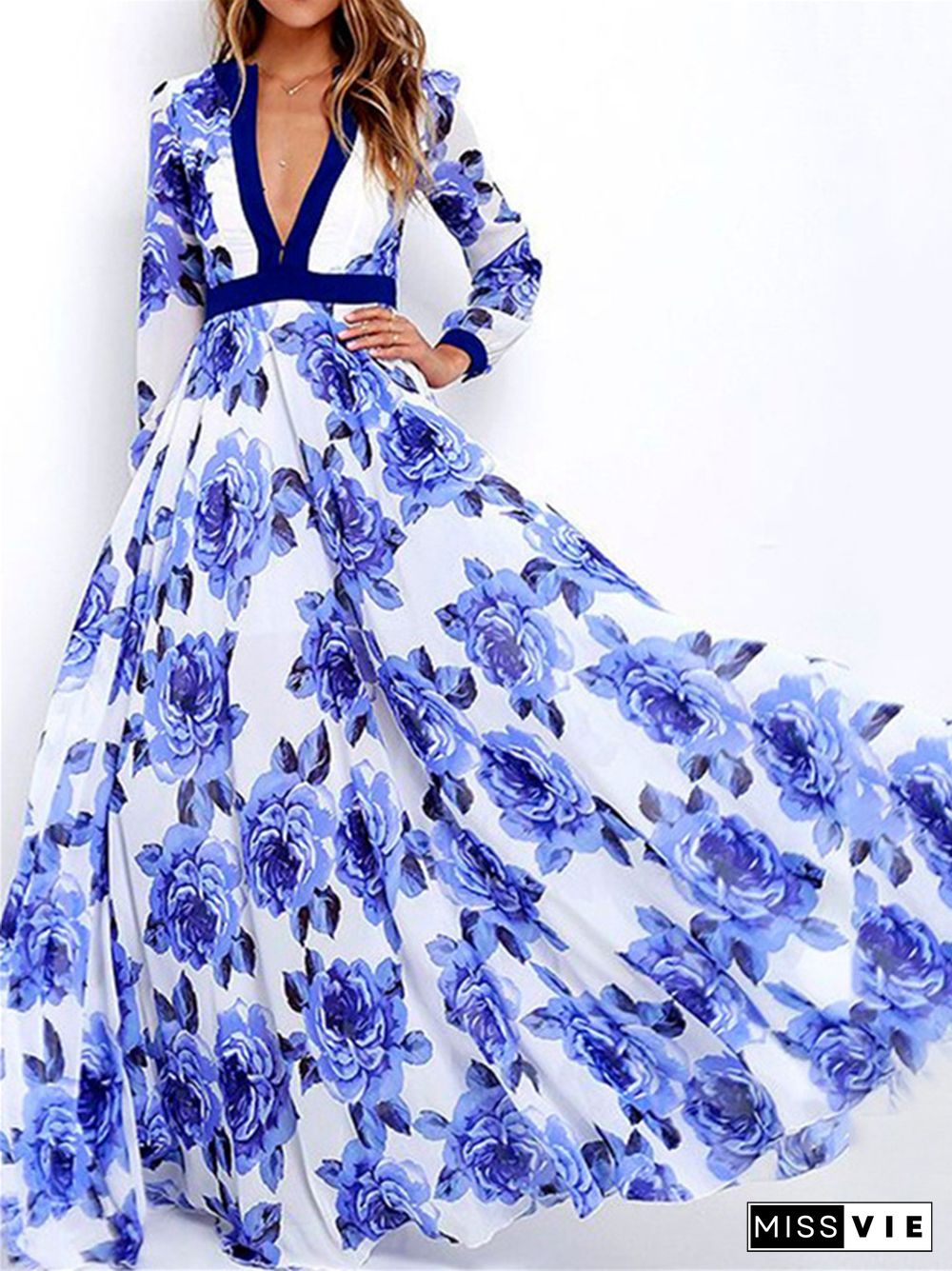 Blue and White Porcelain V-neck Print Big Swing Dress Long Skirt