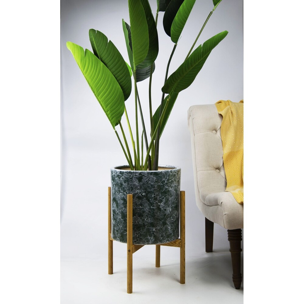 UPshining 13'' Extra Large Mid Century Modern Ceramic Planter Green Marble With Wood Stands