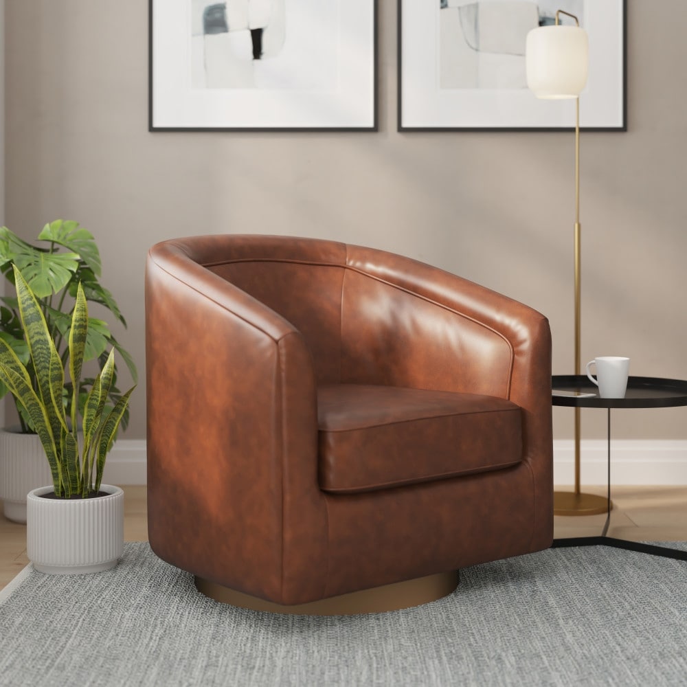 Barrel Accent Chair with 360° Swivel Vinyl Wrapped Base