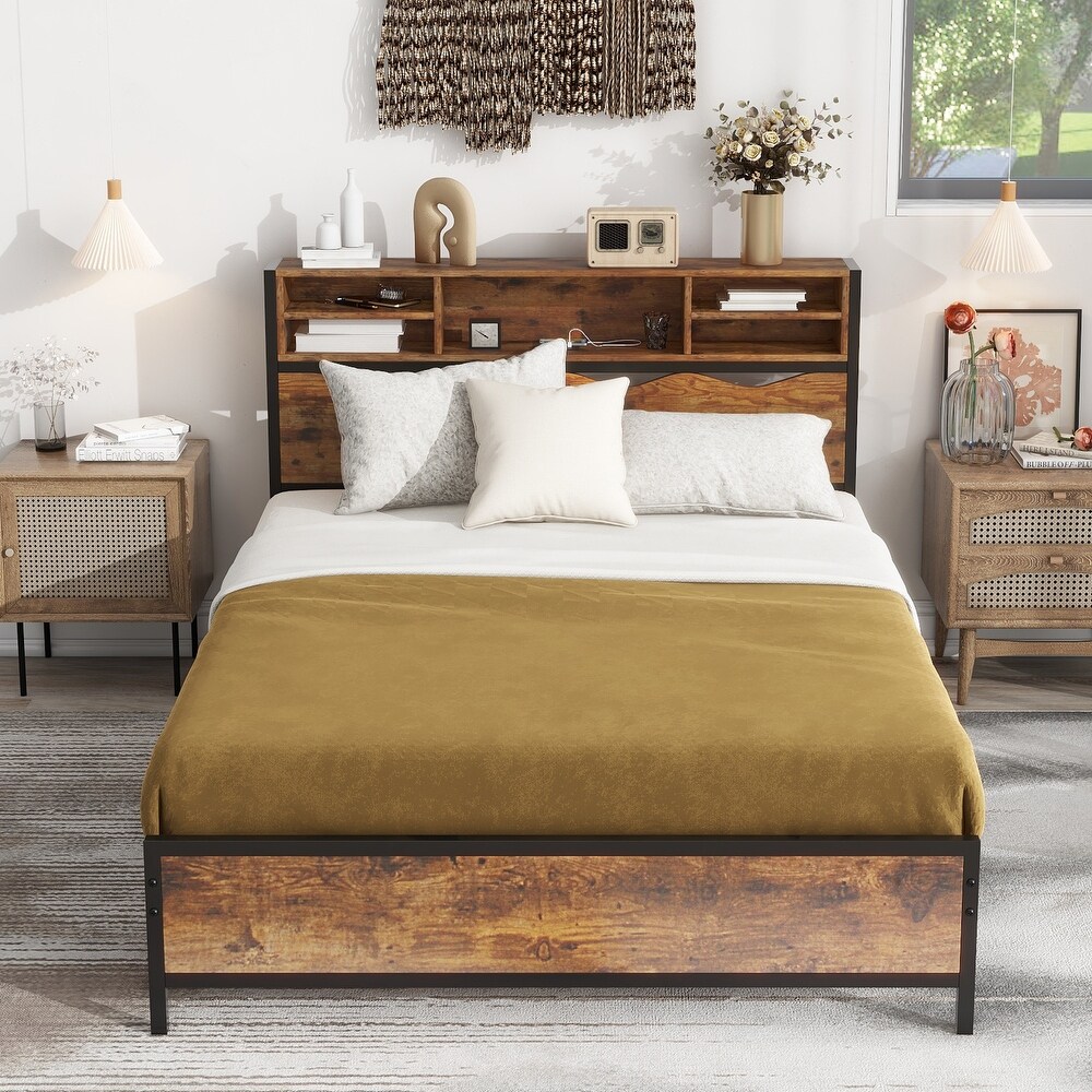 Rustic Bookcase Bed Frame with Power Outlets + 2 Storage Drawers 