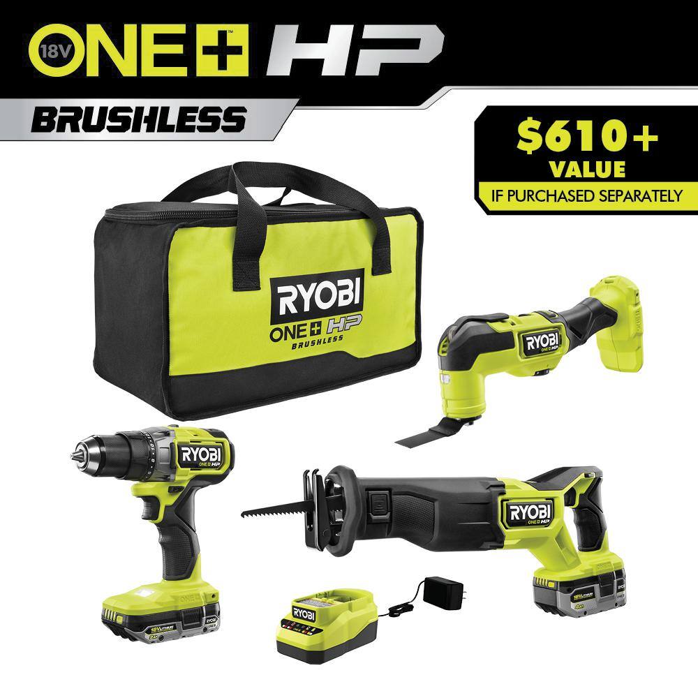 RYOBI ONE+ HP 18V Brushless Cordless Combo Kit (3-Tool) with (2) HIGH PERFORMANCE Batteries Charger and Bag PBLCK303K