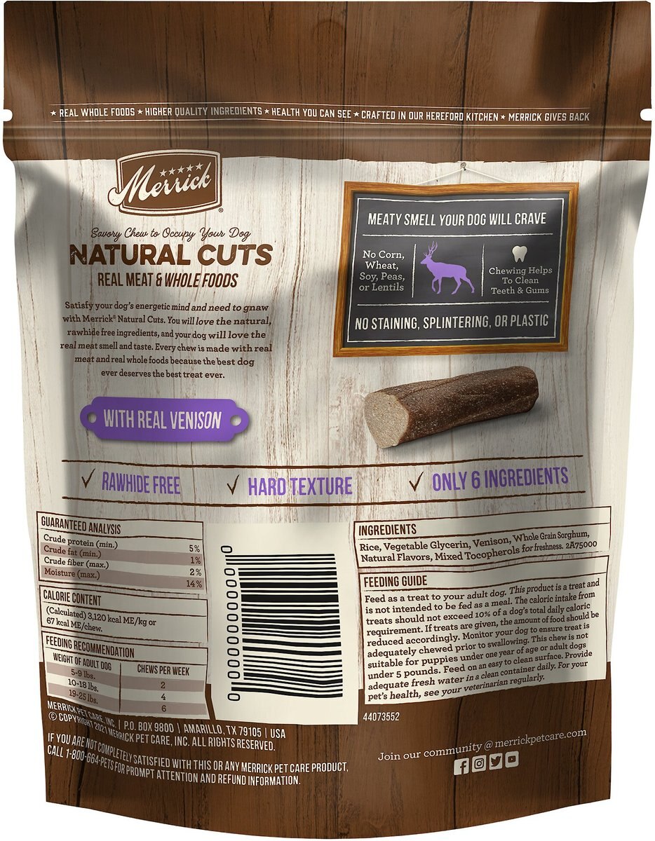 Merrick Natural Cuts Small Real Venison Rawhide Free Dog Treats， 11 count