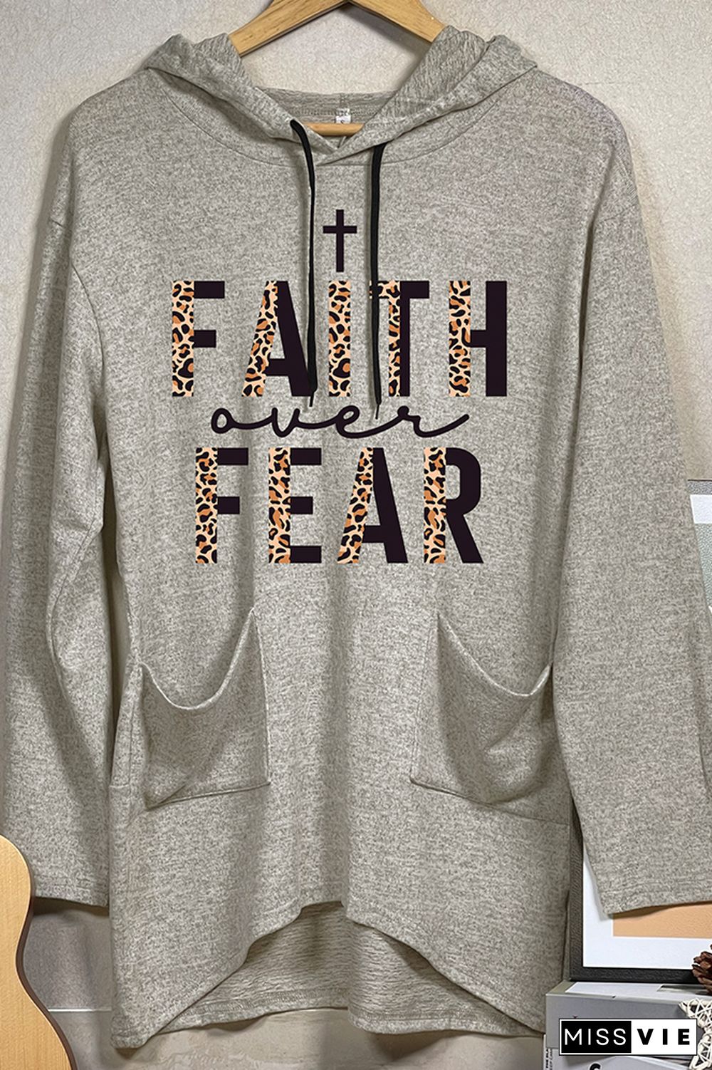 Faith Over Fear Half Leopard Black Print Pockets Hooded Dress Wholesale