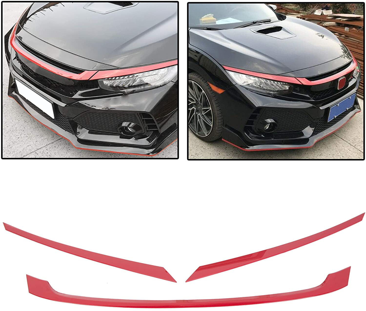 Kojem Front Grille Grill Trims Garnish ABS Cover Compatible with 2016-2020 17 18 19 Honda Civic JDM Style Glossy Red 3PCS