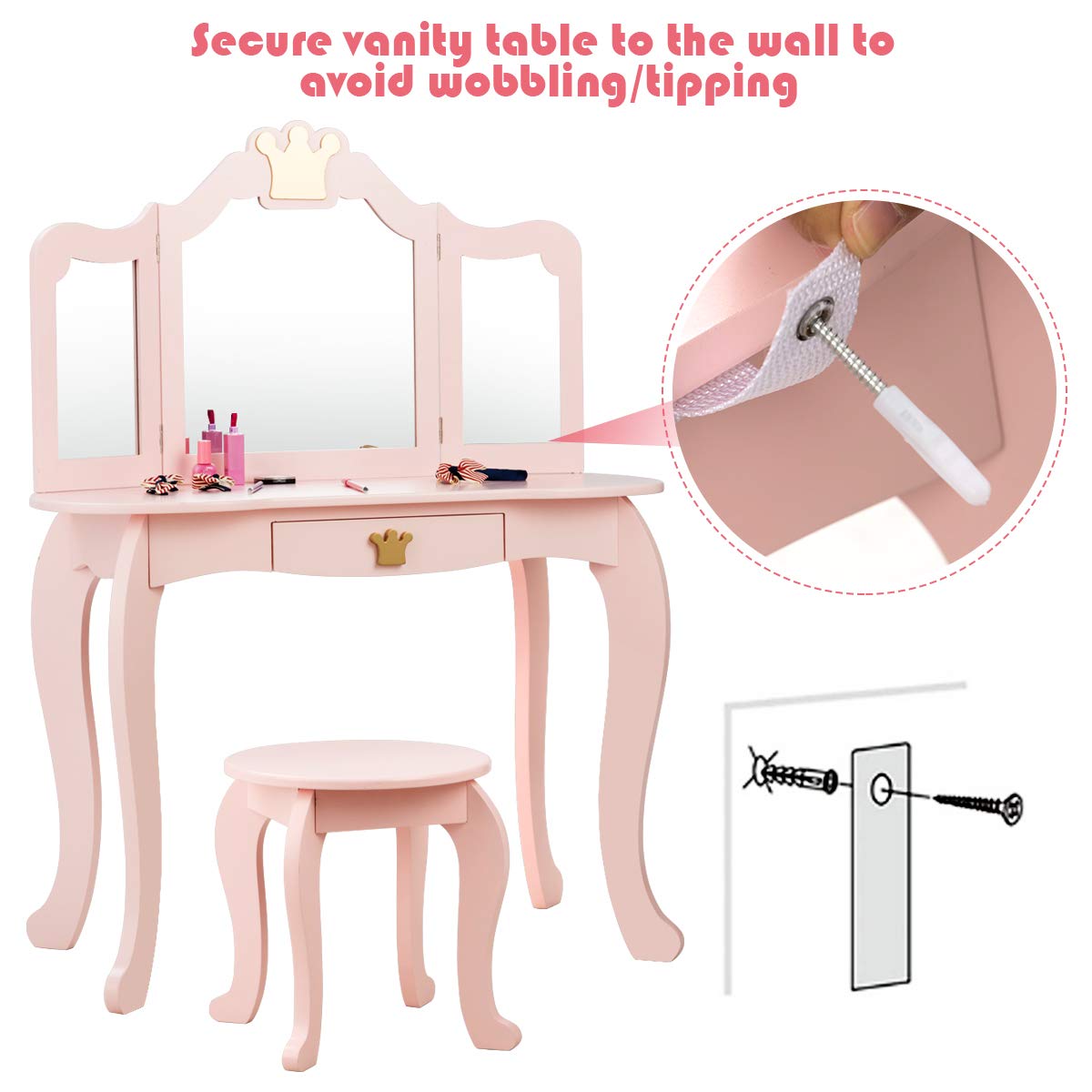 Costzon Kids Vanity Table and Chair Set,2 in 1 Vanity Set with Detachable Top, Pretend Beauty Play Vanity Set for Girls