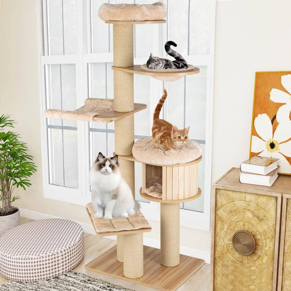 ANGELES HOME Wood Modern Tall Cat Tree Tower with Scratch Posts and Washable Mats 108CKPV27BE